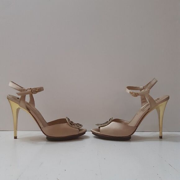 Like New BCBGMaxAzria Jewelled Creamy Satin Gold Heels - Picture 13 of 16